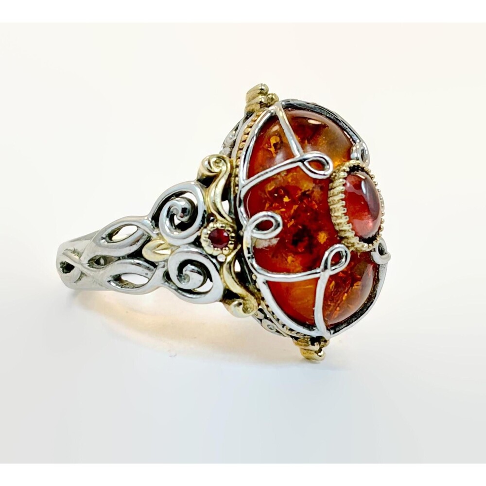 Michael Valitutti Ring, Amber, Garnet, Sterling Silver Ring, Ornate Gold Accents
